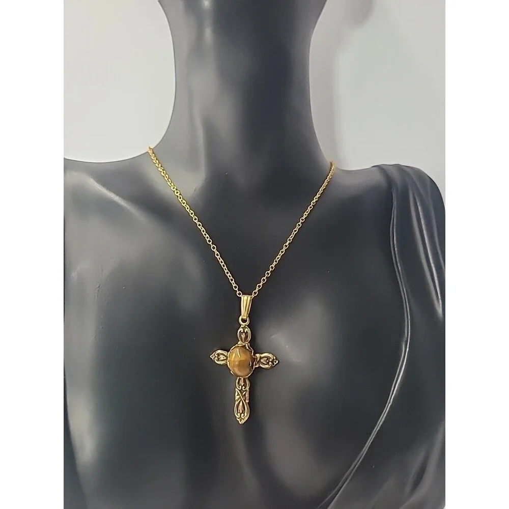 Gold Tone Cross Pendant Necklace Tiger Eye Stone Vintage Style Religious Jewelry